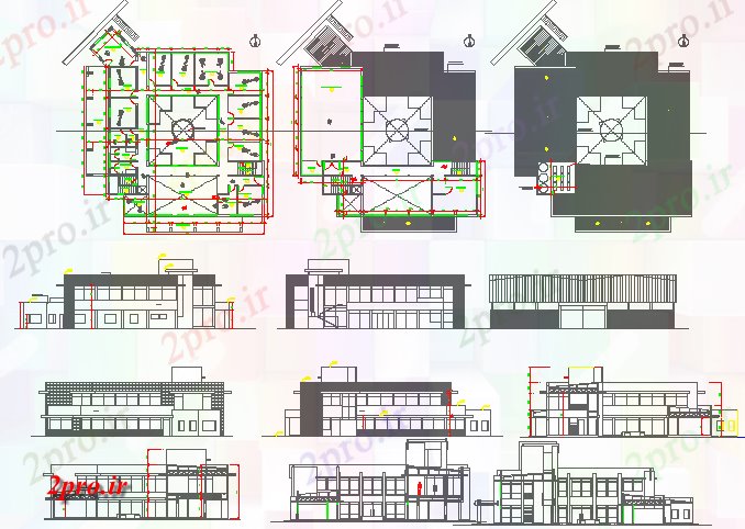 دانلود نقشه ساختمان اداری - تجاری - صنعتی چند سطح نما ساختمان اداری، بخش و طرحی طبقه جزئیات 19 در 20 متر (کد80283)