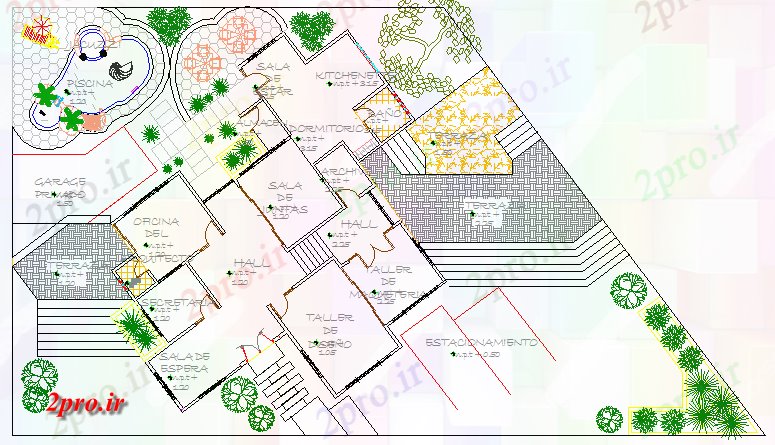 دانلود نقشه شرکت ، دفتر کار ، سازمان ، ادارهمحوطه سازی با جزئیات طراحی از دفتر کار فروشگاه 17 در 17 متر (کد80287)