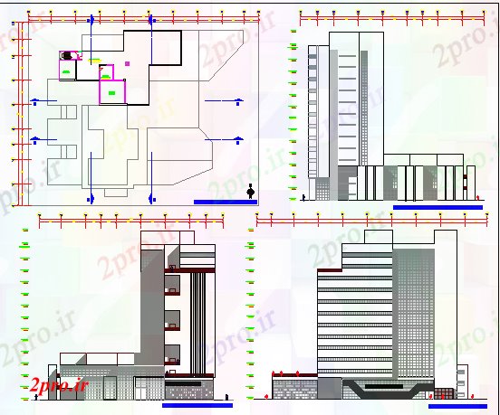 دانلود نقشه ساختمان مرتفعدادگاه ساخت نما، بخش و طرحی جزئیات 54 در 65 متر (کد80289)