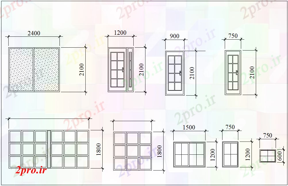 دانلود نقشه درب و پنجره درب و پنجره نما با طراحی های مختلف برای 3 خوابه   (کد80298)