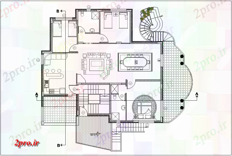 دانلود نقشه مسکونی ، ویلایی ، آپارتمان طرحی طبقه عمومی خانه با نمای معماری 13 در 14 متر (کد80299)