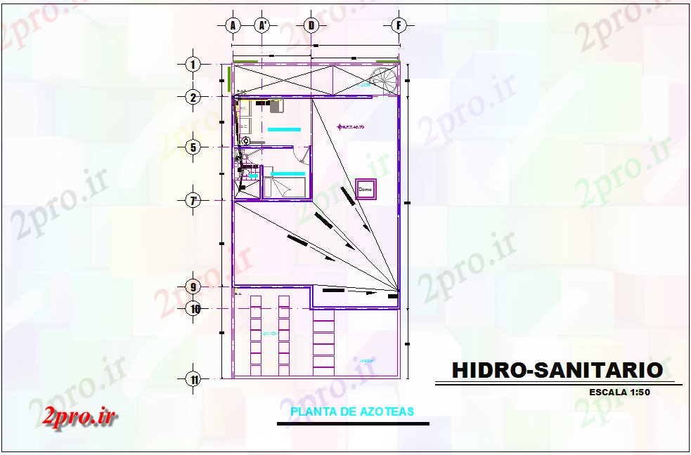 دانلود نقشه جزئیات لوله کشی طرحی سقف با  خطوط هیدرولیک برای خانه (کد80307)