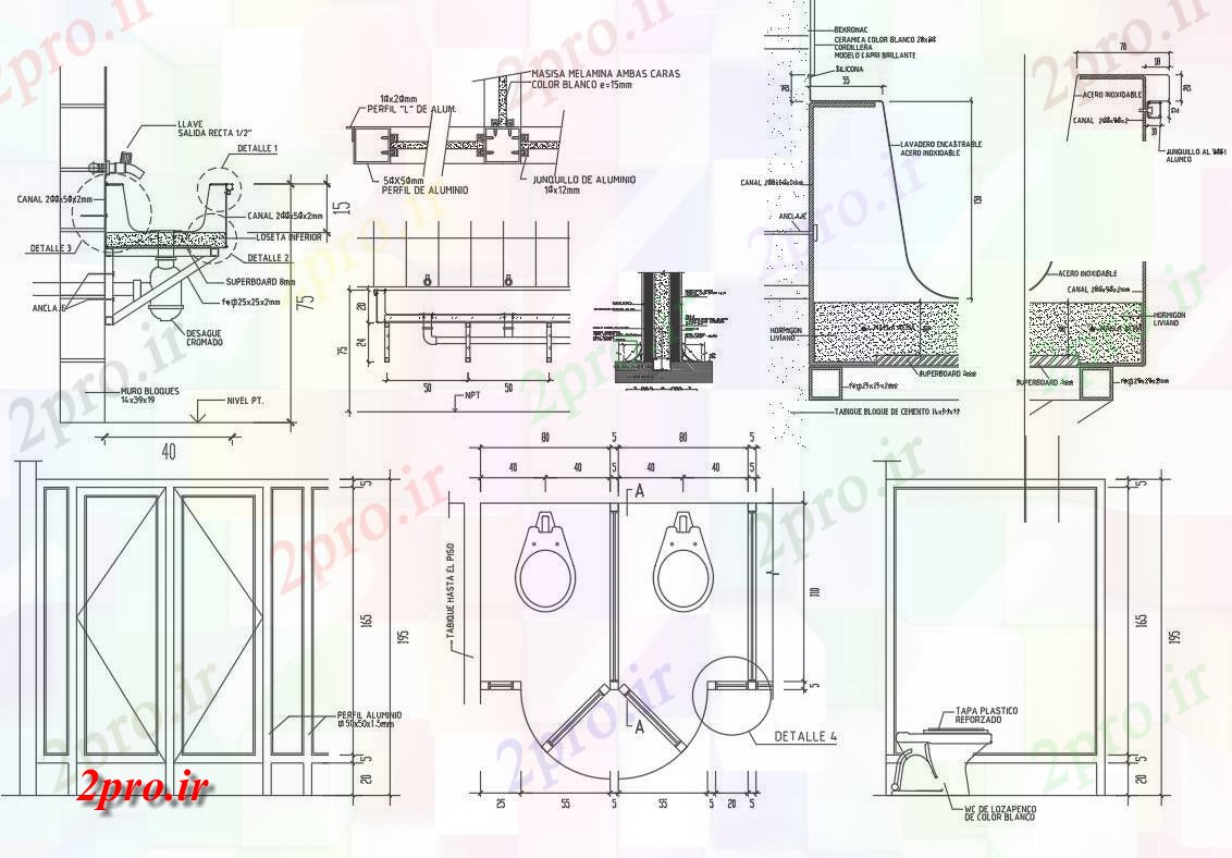 دانلود نقشه ساختمان اداری - تجاری - صنعتی طرحی توالت، نما و بخش جزئیات 6 در 8 متر (کد80332)