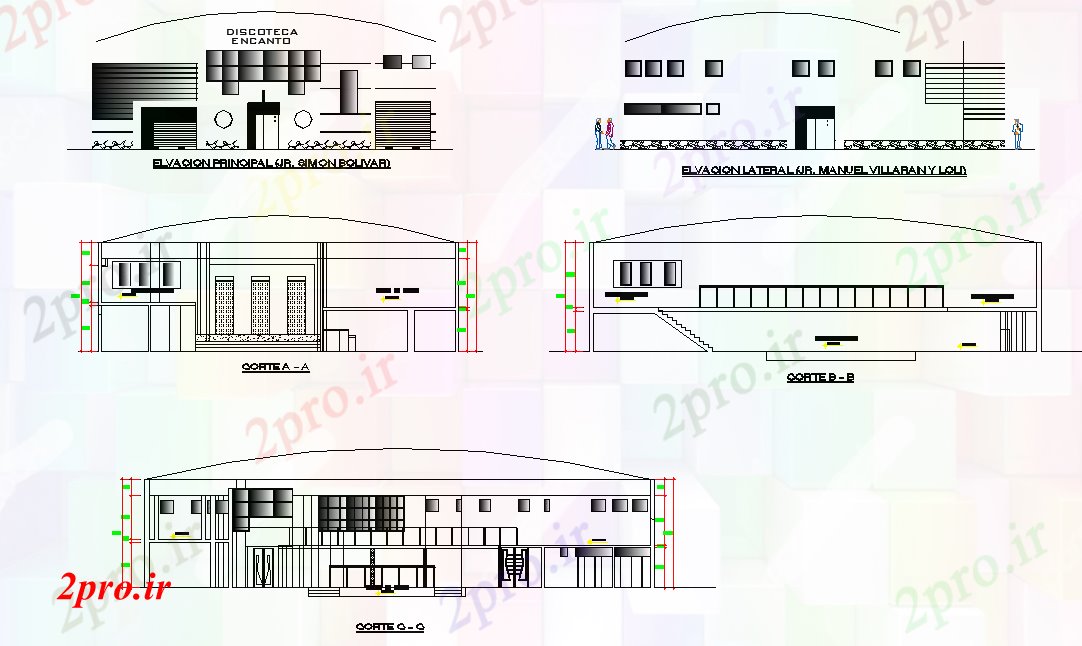 دانلود نقشه ساختمان اداری - تجاری - صنعتی نما دیسکو و بخش 21 در 21 متر (کد80348)
