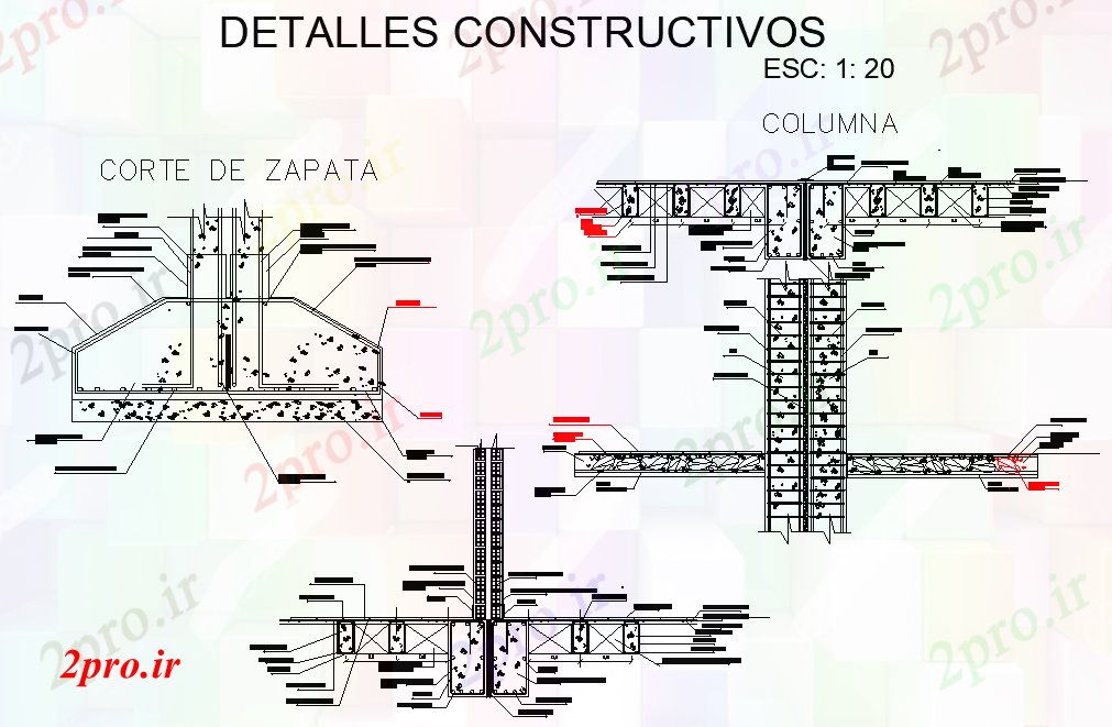 دانلود نقشه جزئیات ساخت و ساز پایه و اساس ساخت و ساز و بخش ستون  (کد80368)