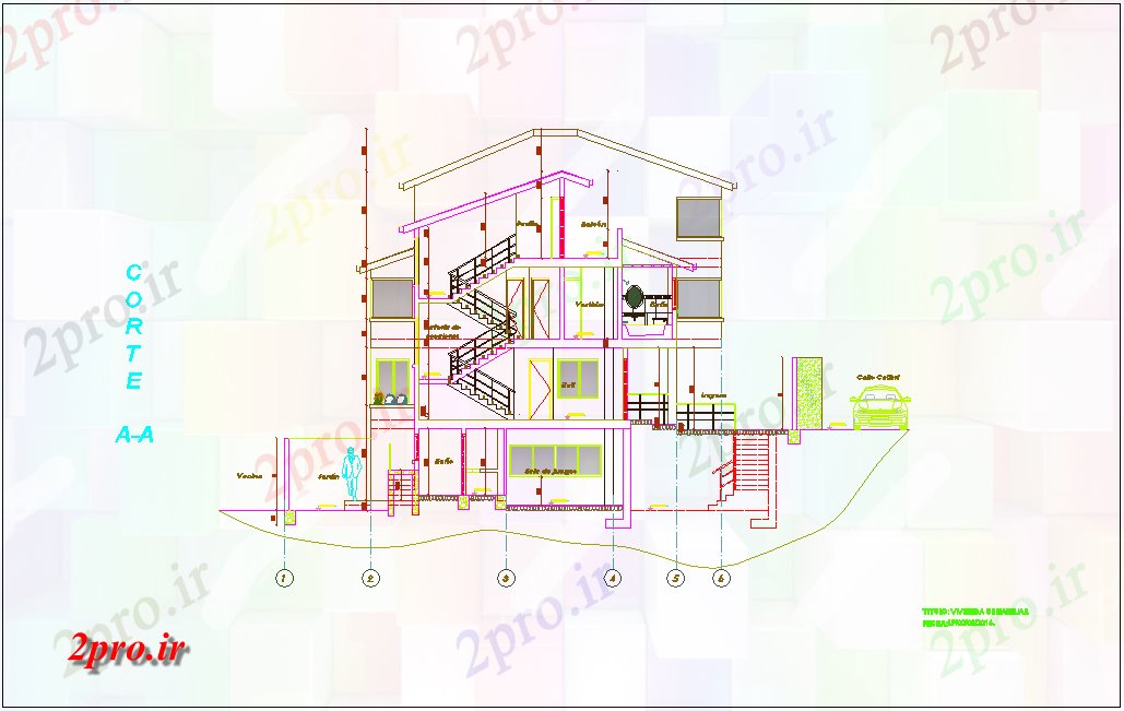 دانلود نقشه مسکونی ، ویلایی ، آپارتمان بخش A-A برای خانه ساخت 14 در 18 متر (کد80489)