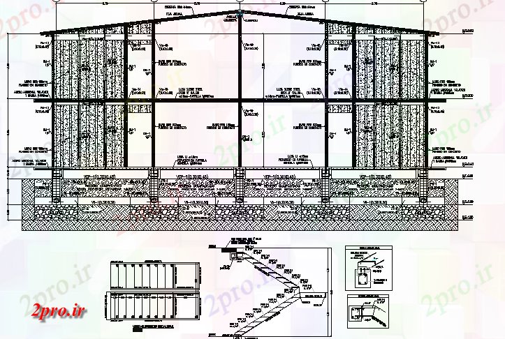 دانلود نقشه ساختمان اداری - تجاری - صنعتی سیستم سلطنتی ساختمان اصلی و راه پله جزئیات مقطعی 14 در 15 متر (کد80553)