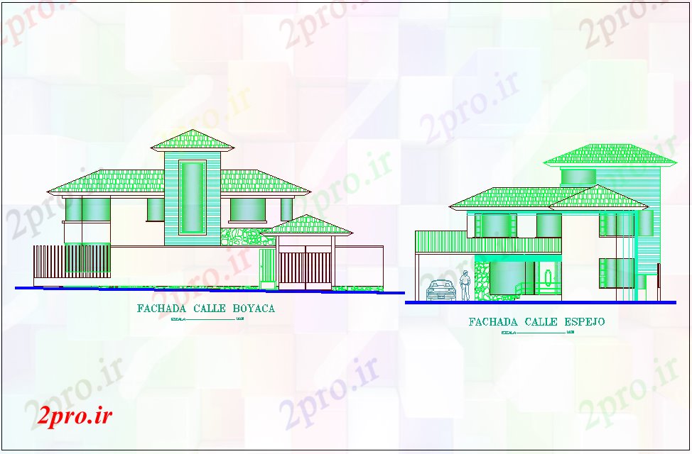 دانلود نقشه مسکونی ، ویلایی ، آپارتمان نمای با نمای محور مختلف برای ساخت و ساز خانه دوبلکس 9 در 12 متر (کد80612)