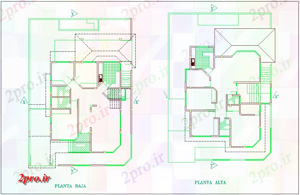دانلود نقشه مسکونی ، ویلایی ، آپارتمان پایین و طرحی طبقه بالا از منطقه مسکونی با منظره معماری 9 در 12 متر (کد80616)