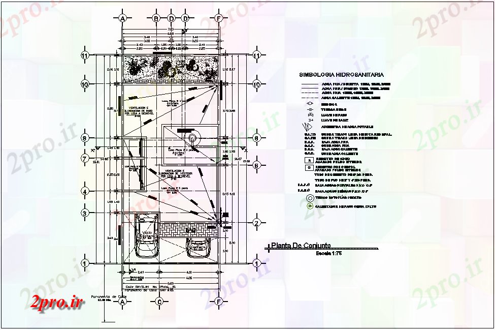 دانلود نقشه جزئیات لوله کشی طرحی مجموعه ای از خانه با منظره هیدرولیک (کد80679)