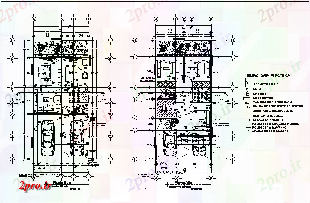 دانلود نقشه طراحی داخلی پایین و طرحی طبقه بالا از منطقه مسکونی با منظره نصب و راه اندازی برق با  افسانه آن (کد80680)