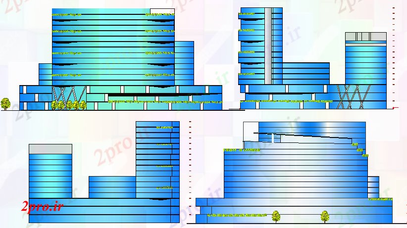 دانلود نقشه ساختمان مرتفعهمه نظر نما طرفه از ساختمان اداری با هتل و خرید 90 در 148 متر (کد80744)