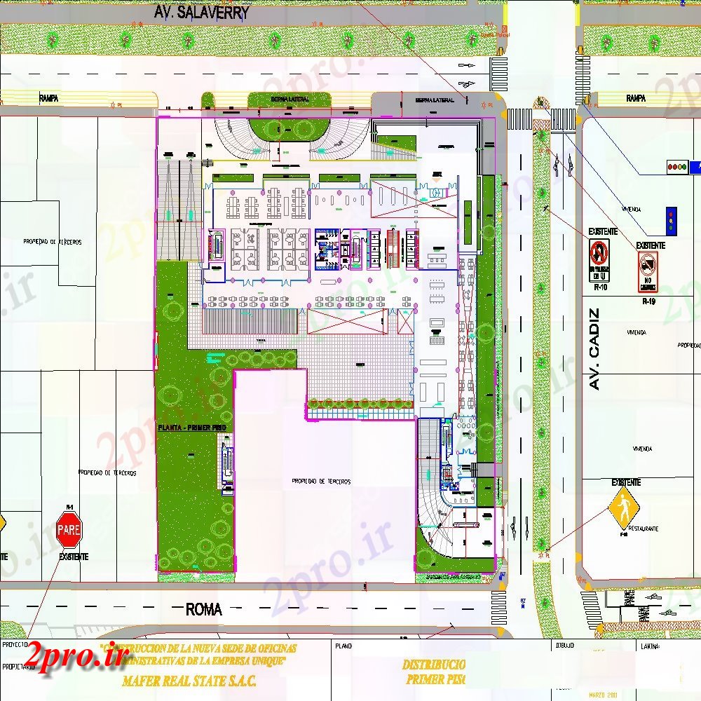 دانلود نقشه ساختمان اداری - تجاری - صنعتی طراحی طبقه دوم با محوطه سازی از دفاتر منحصر به فرد 75 در 76 متر (کد80824)