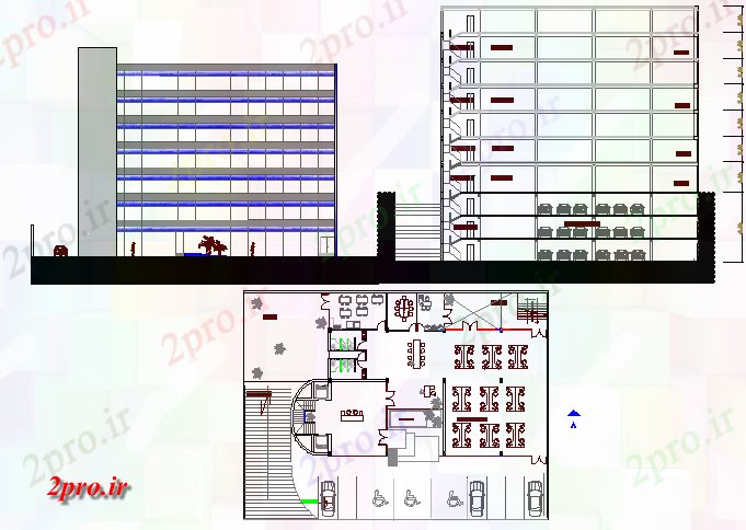 دانلود نقشه ساختمان اداری - تجاری - صنعتی هفت دان ساختمان اداری نما، بخش و طرحی جزئیات 20 در 40 متر (کد80849)