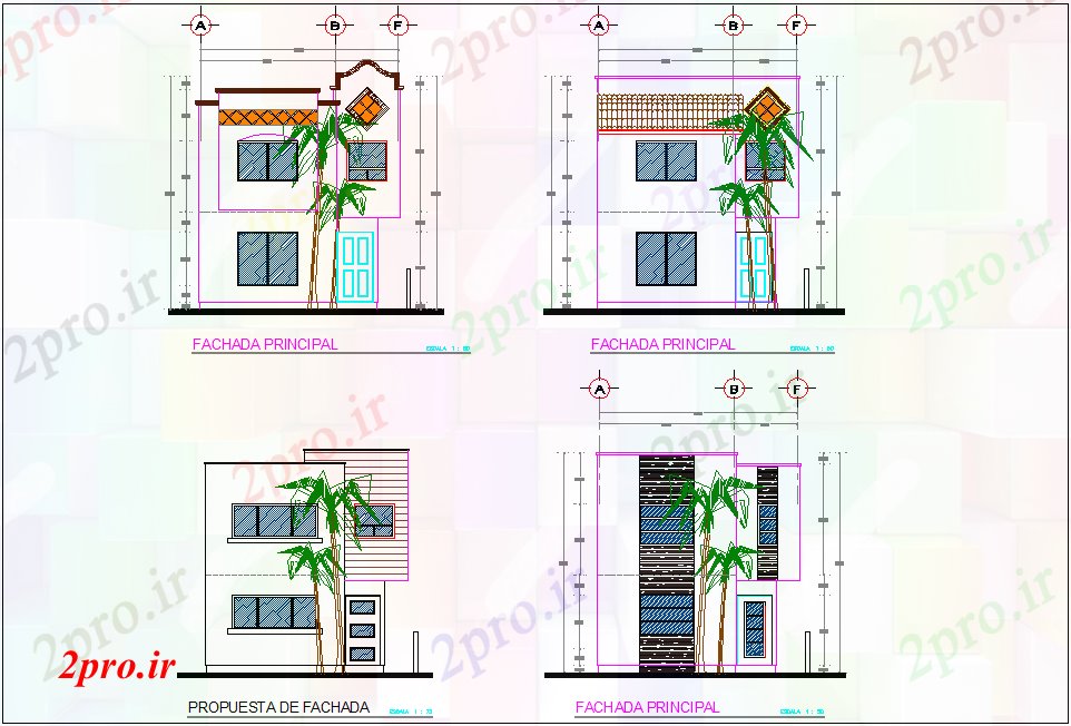 دانلود نقشه خانه های کوچک ، نگهبانی ، سازمانی - نمای با نمای محور های مختلف برای خانه های ویلایی ساخت 6 در 8 متر (کد80926)