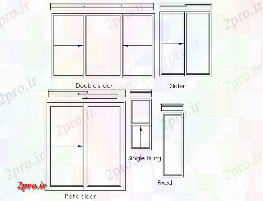 دانلود نقشه جزئیات طراحی در و پنجره  لغزان پنجره نما با طرحی های مختلف بلوک (کد81043)