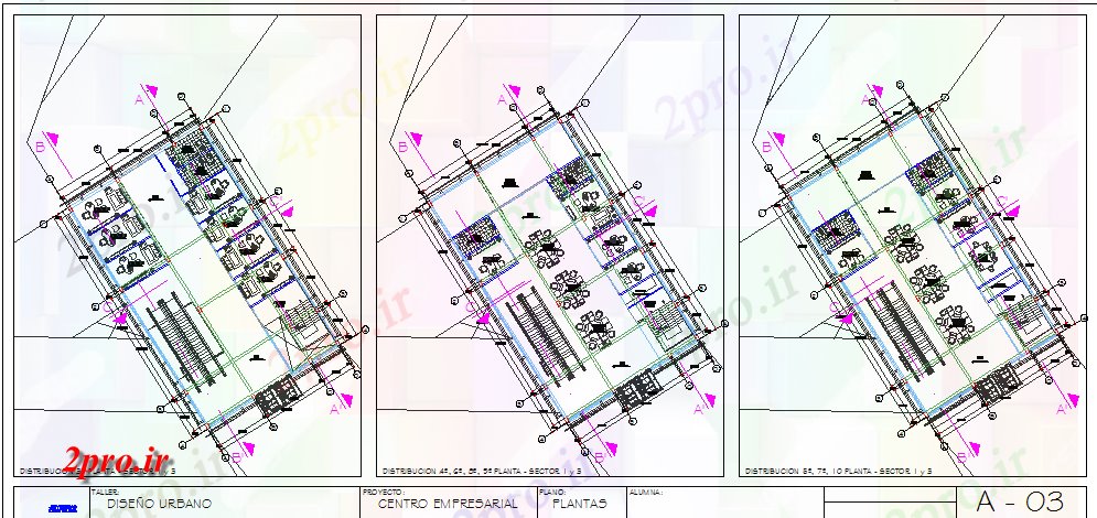 دانلود نقشه ساختمان اداری - تجاری - صنعتی سه طبقه طرحی جزئیات طرحی از دفتر پیچیده 117 در 130 متر (کد81046)