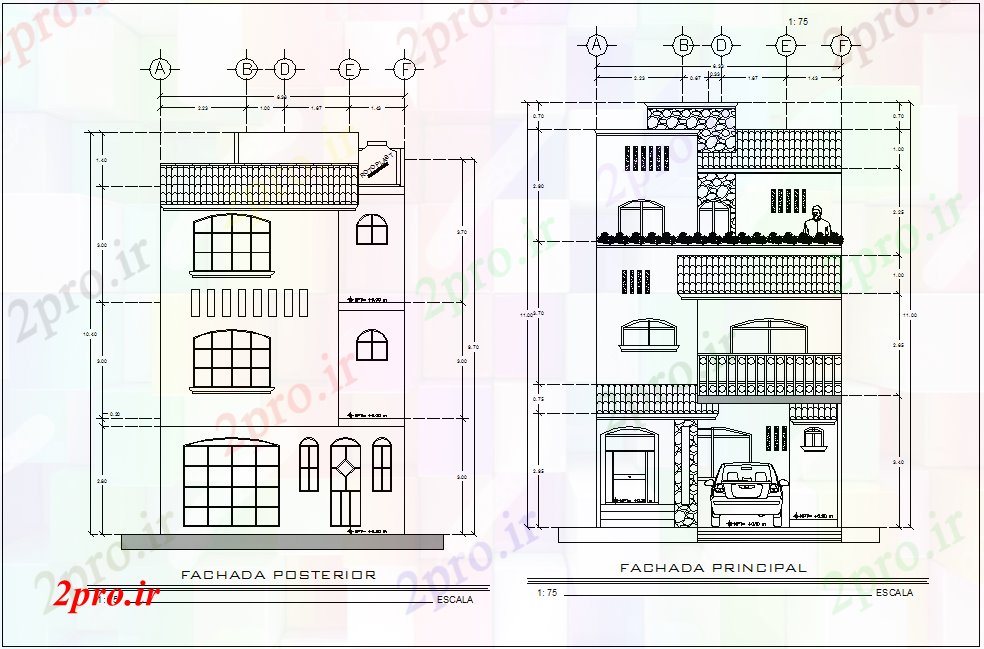 دانلود نقشه مسکونی ، ویلایی ، آپارتمان نمای با نمای محور مختلف برای مسکن ساختمان 6 در 16 متر (کد81188)