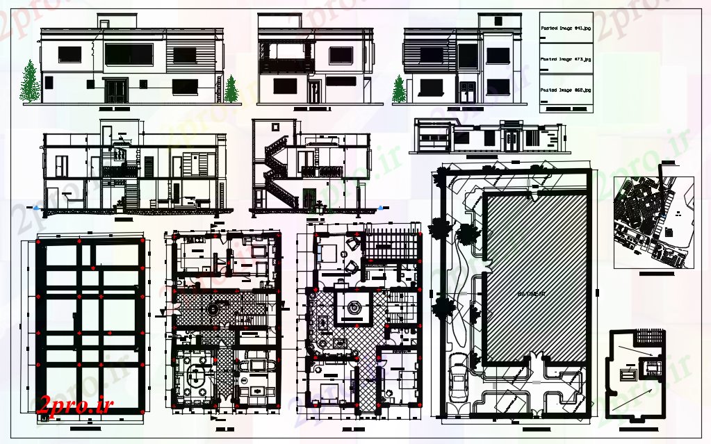 دانلود نقشه خانه های کوچک ، نگهبانی ، سازمانی - خانه های ویلایی از طرحی طبقه 3 اتاق خواب و نما با نمای معماری 10 در 17 متر (کد81196)