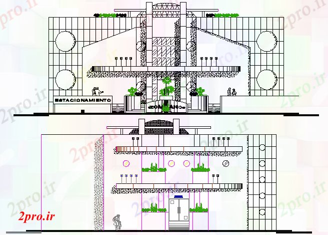 دانلود نقشه ساختمان اداری - تجاری - صنعتی به دفتر شرکت ساخت و ساز در جلو و نما تماس 23 در 41 متر (کد81217)