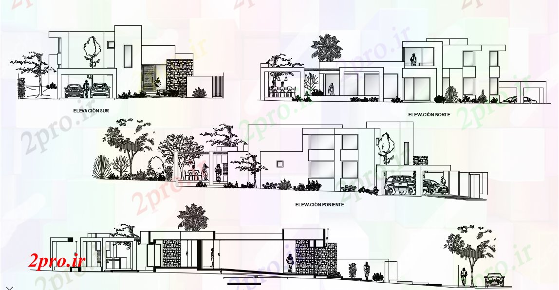 دانلود نقشه مسکونی ، ویلایی ، آپارتمان نمای با نمای محور های مختلف برای پروژه مسکن ساخت و ساز 16 در 27 متر (کد81219)