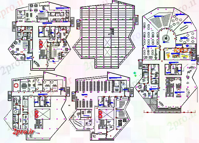 دانلود نقشه ساختمان دولتی ، سازمانی جزئیات طرحی طبقه از تمام طبقات کنوانسیون مرکز 50 در 82 متر (کد81226)