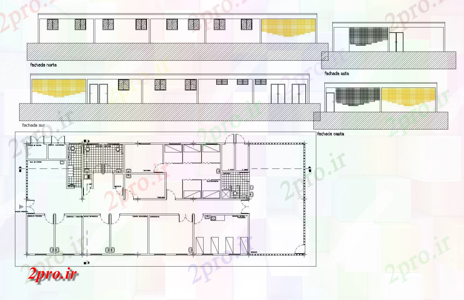 دانلود نقشه ساختمان اداری - تجاری - صنعتی طرحی واحد پزشکی و نما 12 در 30 متر (کد81335)