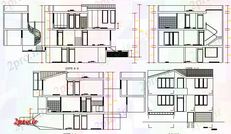 دانلود نقشه مسکونی  ، ویلایی ، آپارتمان  دو سطح خانه همه نما و بخش دیدگاه طرفه (کد81345)