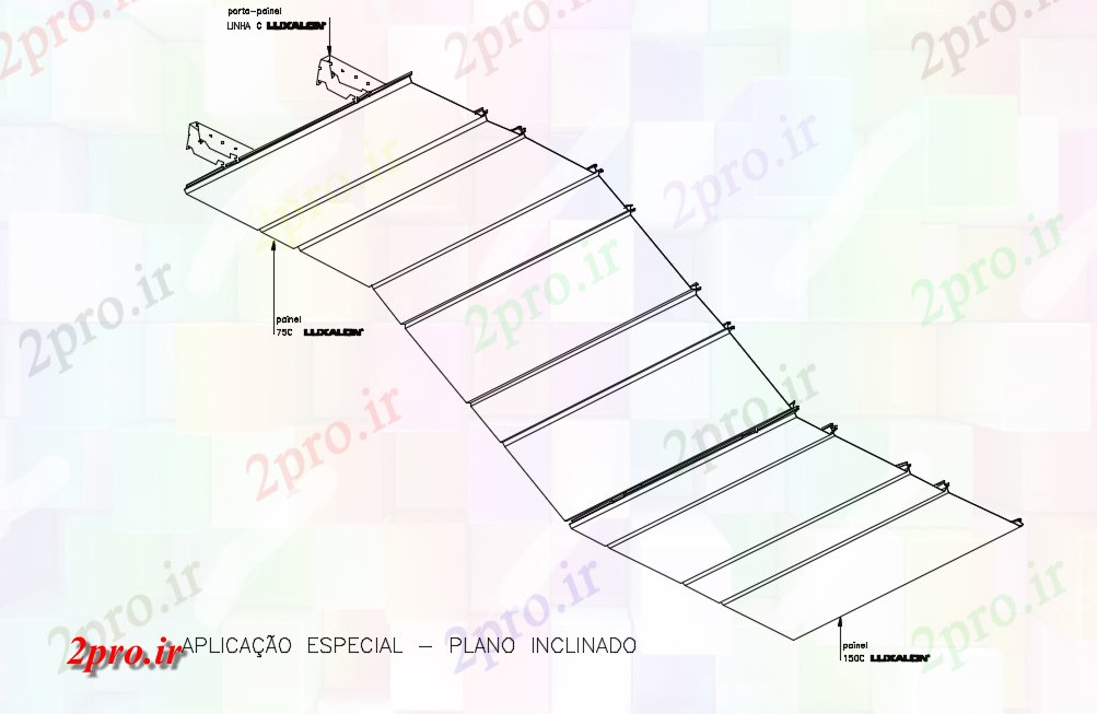 دانلود نقشه جزئیات ساختار  شیب دار از فلز تعلیق ایزومتریک سقف با ساختار فلزی    (کد81364)