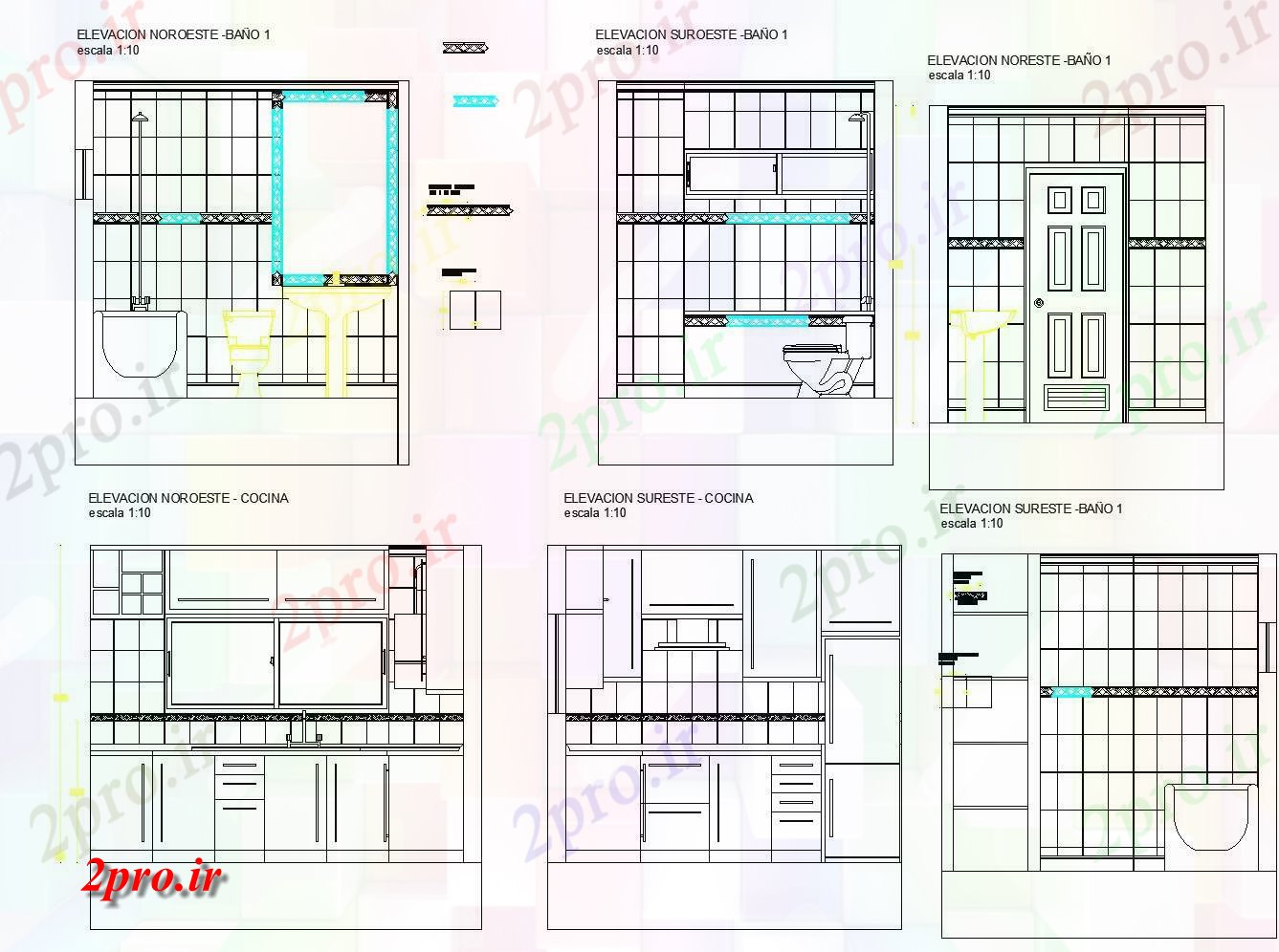 دانلود نقشه  خانه مسکونی ، ویلابخش حمام و آشپزخانه طرحی جزئیات (کد81399)