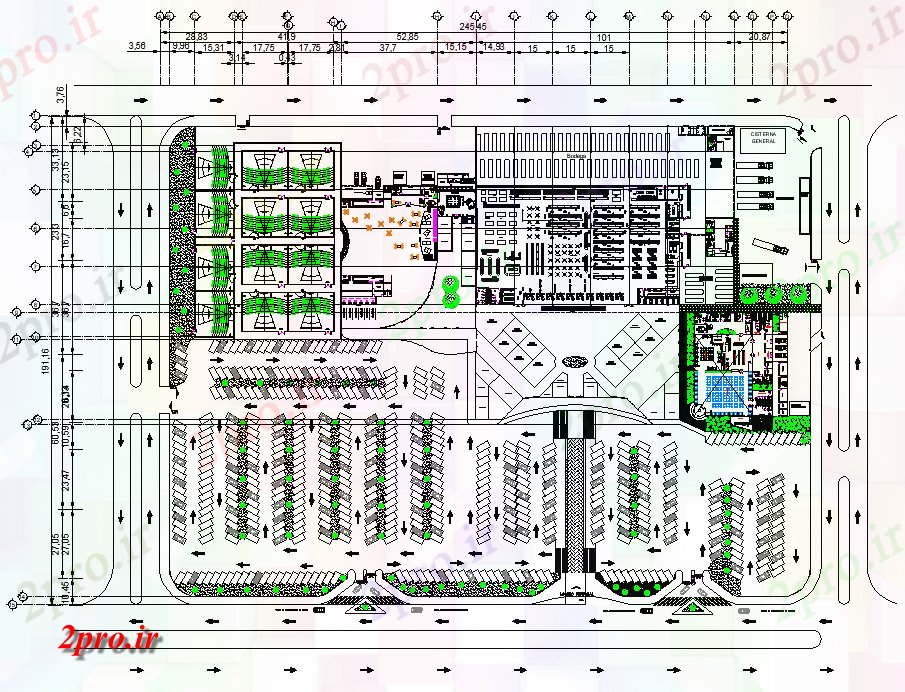 دانلود نقشه ساختمان اداری - تجاری - صنعتی بازار طرحی برنامه ریزی 191 در 245 متر (کد81412)