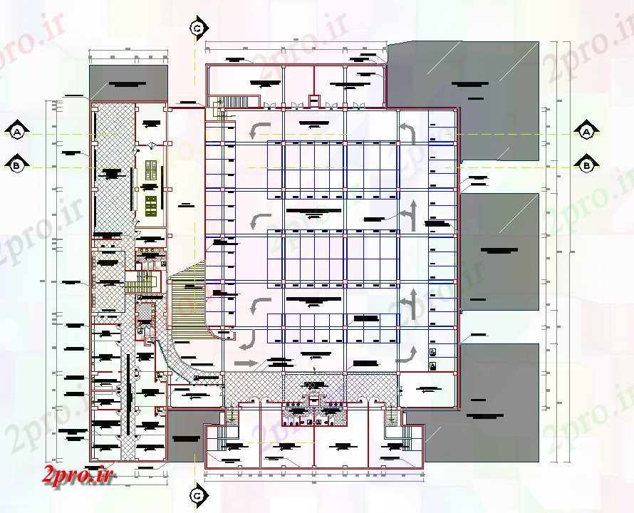 دانلود نقشه ساختمان اداری - تجاری - صنعتی سوپر بازار پیشنهاد 77 در 81 متر (کد81428)