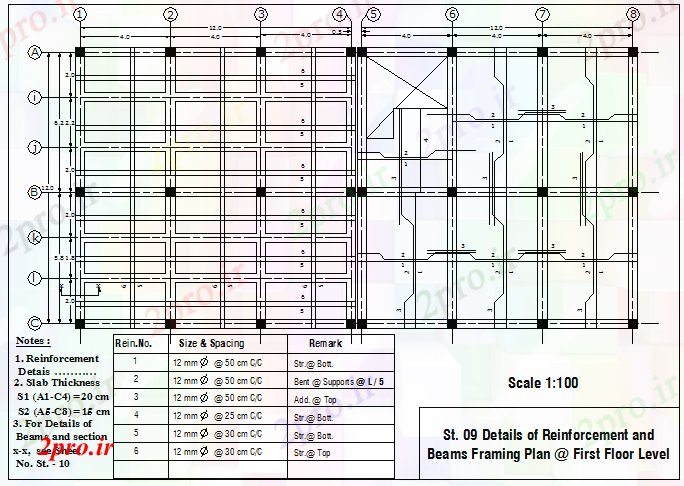 دانلود نقشه جزئیات تیر جزئیات دال و تقویت پرتو در هشت سطح (کد81434)