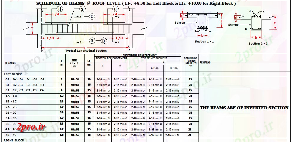 دانلود نقشه جزئیات تیر برنامه پرتو در بلوک سمت ر و سمت چپ در پشت بام سطح (کد81440)