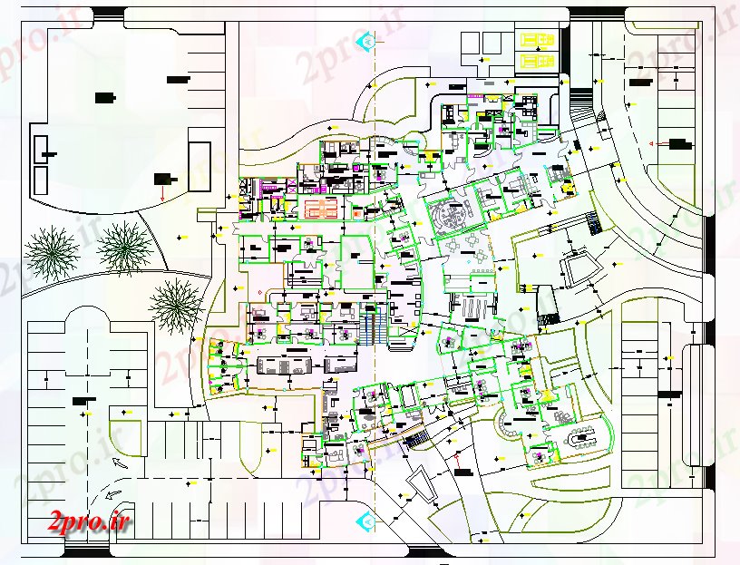 دانلود نقشه ساختمان اداری - تجاری - صنعتی بازارهای مواد غذایی طرح 48 در 54 متر (کد81467)