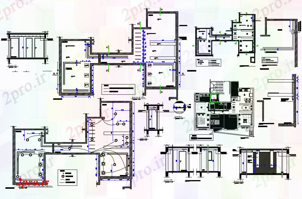 دانلود نقشه معماری نظر برق با طرحی طبقه و نما منطقه سقف (کد81532)