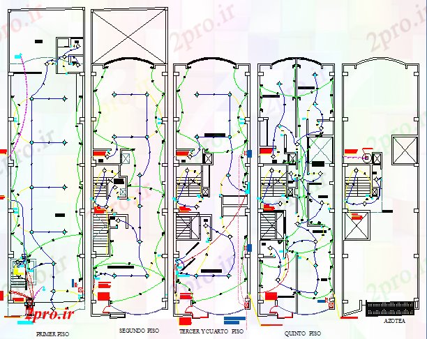 دانلود نقشه ساختمان اداری - تجاری - صنعتی جزئیات نصب و راه اندازی برق از تمام طبقات با طرحی ساختمان اداری 7 در 23 متر (کد81567)