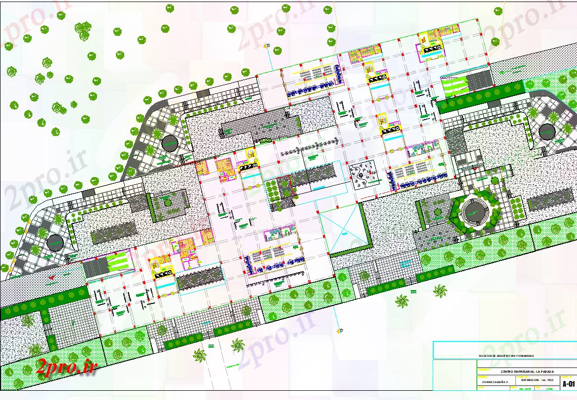 دانلود نقشه ساختمان اداری - تجاری - صنعتی محوطه سازی مرکز مالی چیدمان 88 در 180 متر (کد81597)