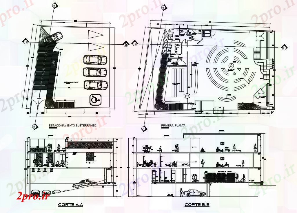 دانلود نقشه ساختمان دولتی ، سازمانی دفتر شرکت طرحی در بلوک 16 در 23 متر (کد81614)