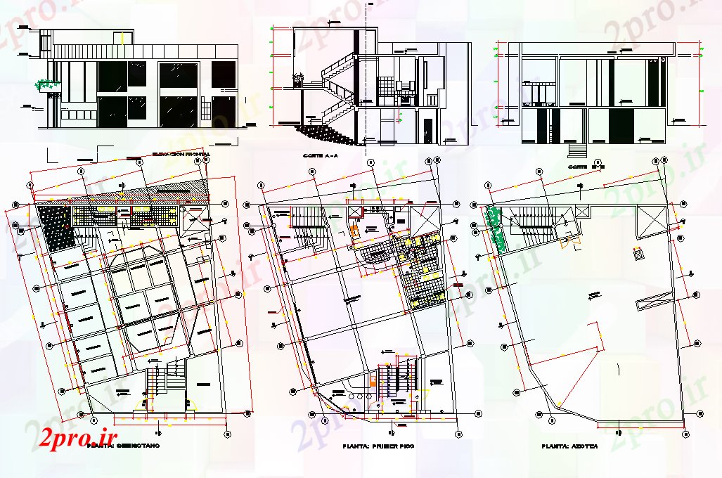 دانلود نقشه ساختمان اداری - تجاری - صنعتی طرحی طبقه تجاری و نما با معماری 15 در 18 متر (کد81717)