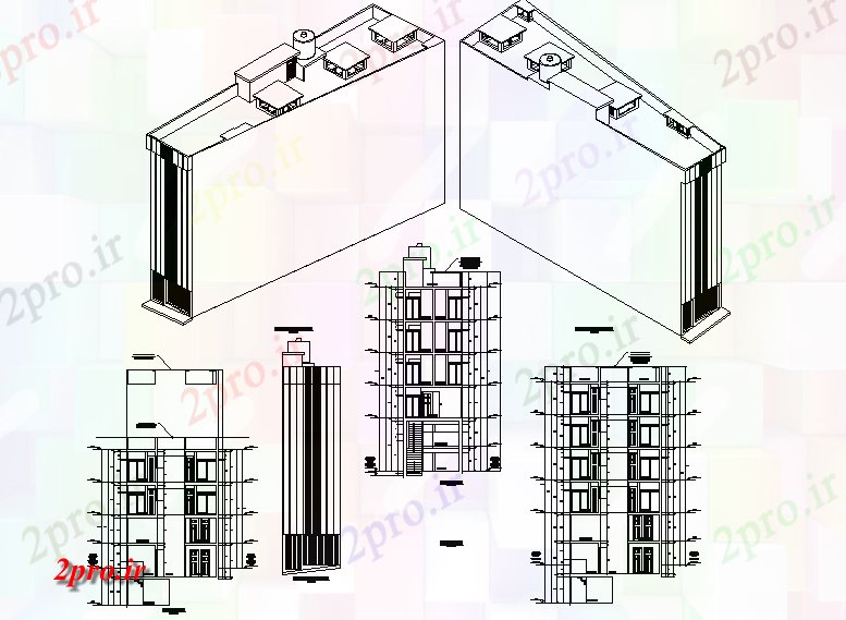 دانلود نقشه ساختمان مرتفعنمای ایزومتریک از محل اقامت نوار با نمای نما 7 در 26 متر (کد81731)