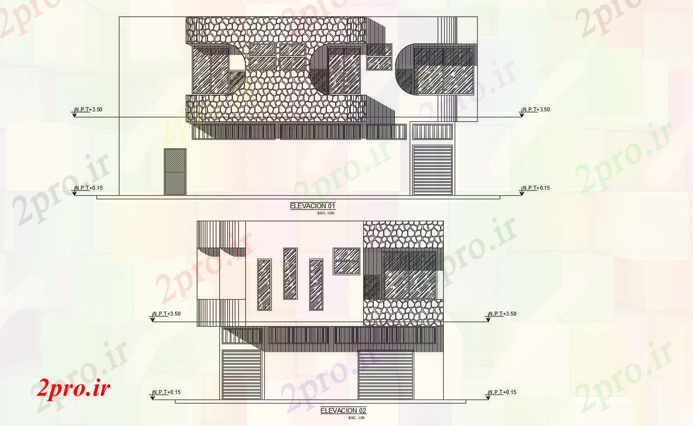 دانلود نقشه مسکونی ، ویلایی ، آپارتمان نمای با نمای محور مختلف برای ساختمان های مسکونی 10 در 13 متر (کد81793)