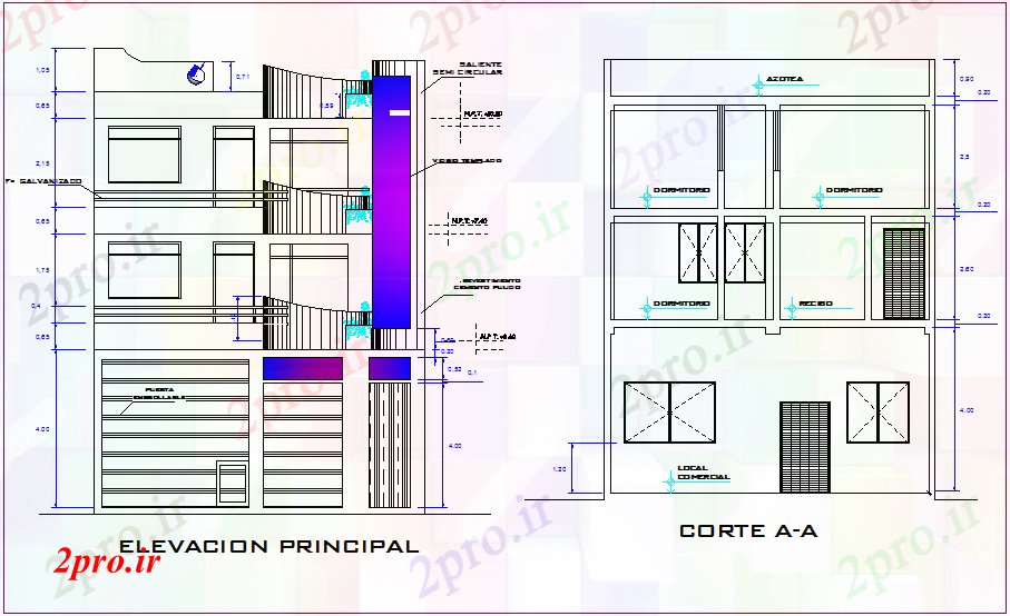 دانلود نقشه مسکونی ، ویلایی ، آپارتمان نما و بخش نظر برای مسکن ساخت و ساز 8 در 19 متر (کد81817)