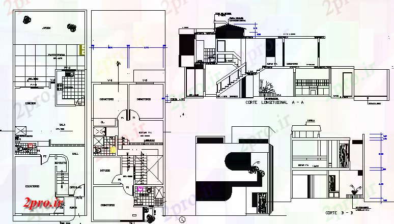 دانلود نقشه مسکونی ، ویلایی ، آپارتمان یک خانواده خانه دو طبقه با فضای داخلی خودکار جزئیات 6 در 12 متر (کد81845)