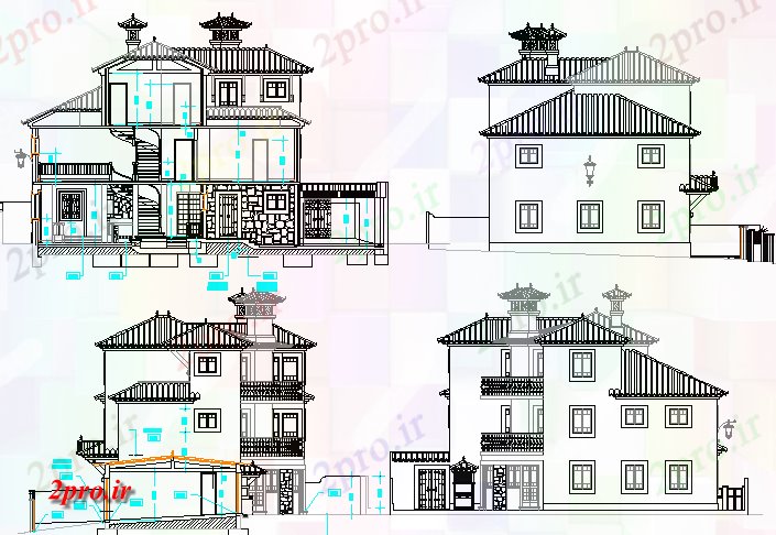 دانلود نقشه مسکونی ، ویلایی ، آپارتمان سنتی نوع دو نما خانه کفپوش و جزئیات مقطعی 11 در 14 متر (کد81867)