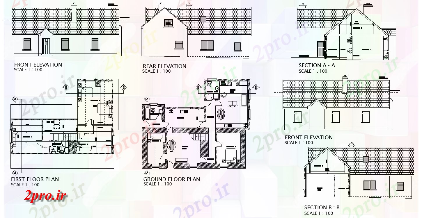 دانلود نقشه مسکونی ، ویلایی ، آپارتمان زمین به طرحی طبقه از نما جزئیات ساختار، بخش و 11 در 14 متر (کد81951)