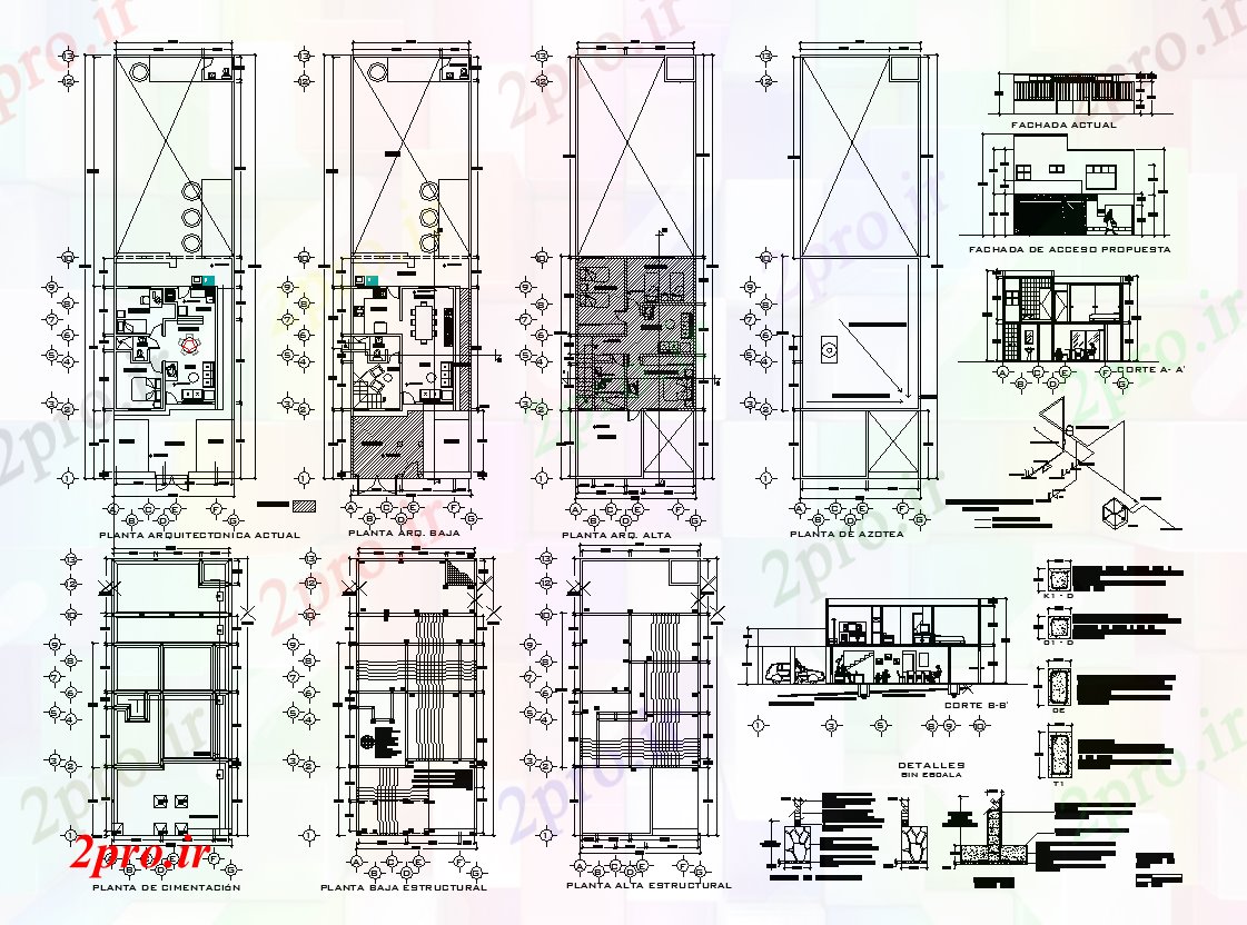 دانلود نقشه خانه های کوچک ، نگهبانی ، سازمانی - نما جزئیات ساختمان آپارتمان ، برنامه ریزی و بخش طرحی 8 در 10 متر (کد81962)