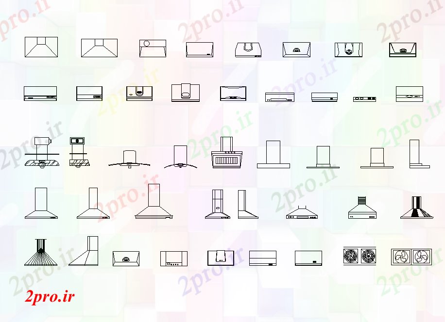 دانلود نقشه آشپزخانه نوع مختلف از نما هود محدوده جزئیات دو بعدی   (کد82049)