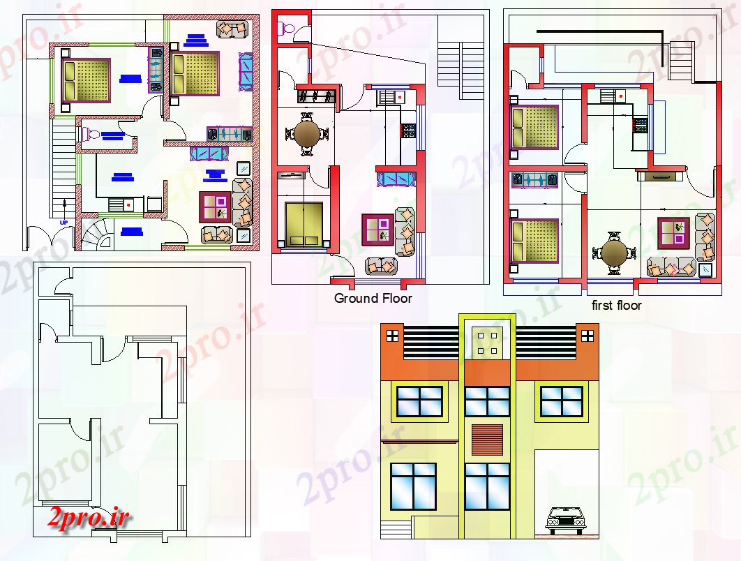 دانلود نقشه مسکونی ، ویلایی ، آپارتمان طرحی ساختمان مسکونی و نما دو بعدی چیدمان 34 در 37 متر (کد82087)
