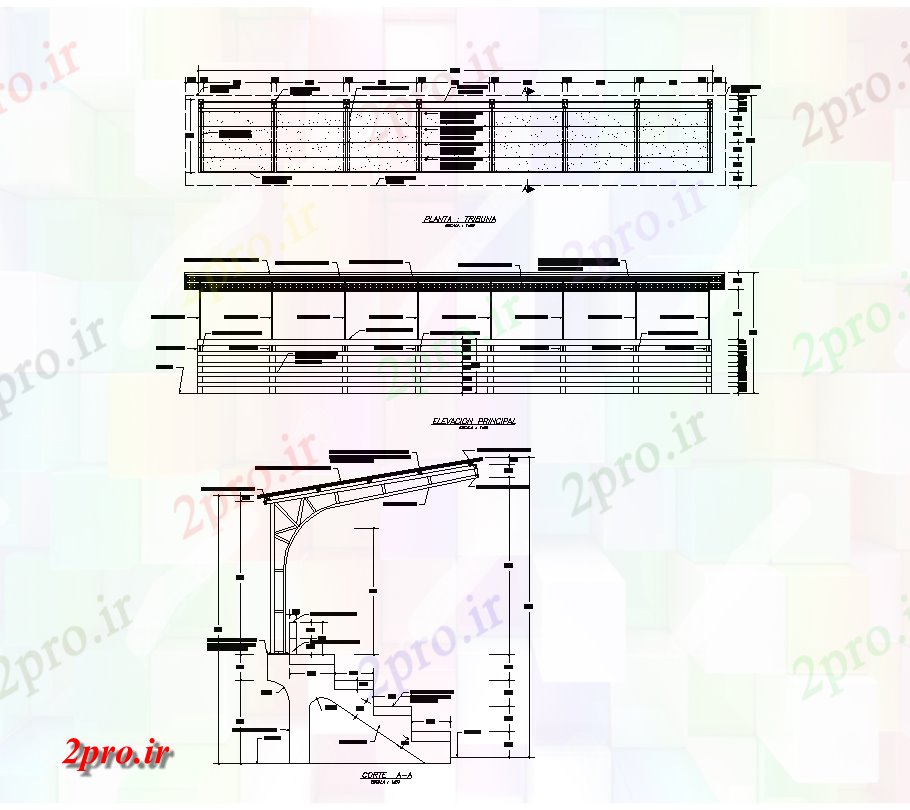 دانلود نقشه جزئیات ساختار ورزشگاه آرایش نشسته نما جزئیات  دو بعدی   چیدمان (کد82117)